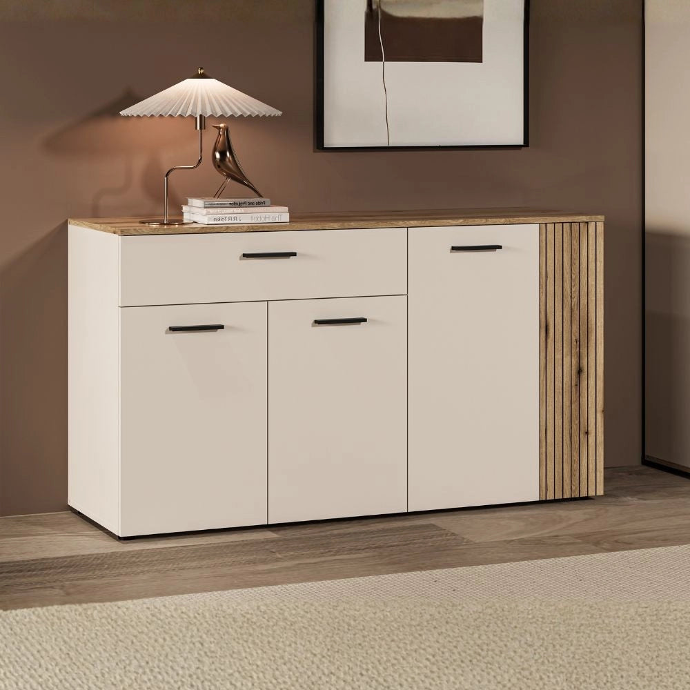 Credenza 4 ante e 1 cassetto Frezo03 cashmere e rovere con listelli verticali 150x42x83H