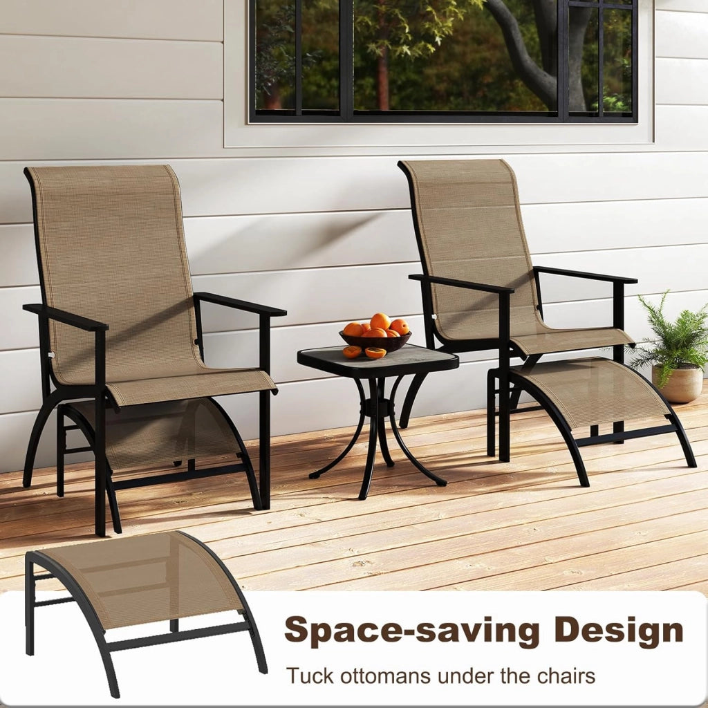 Set di Mobile da Giardino in 5 Pezzi, Set Tavolo e Sedie da Balcone in Tessuto Textilene, Set da Bistrò con Tavolo, 2 Sedie Adirondack e 2 Poggiapiedi per Terrazza, Bordo di Piscina, Marrone