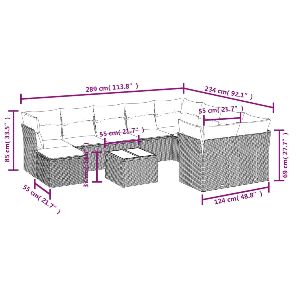 Set Divani da Giardino 11 pz con Cuscini in Polyrattan Grigio