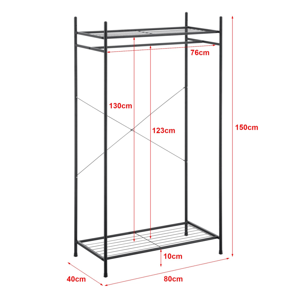 Organizzatore Guardaroba, Scaffalatura con Asta Appendiabiti e 2 Ripiani, Cabina Armadio Senza Ante (AxLaxP) 150 x 80 x 40 cm - Nero, Metallo
