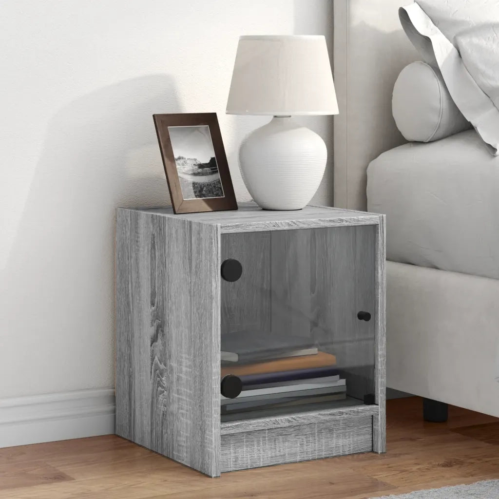 Comodino | Armadio da Notte | Mobiletto da notte con Anta in Vetro Grigio Sonoma 35x37x42 cm