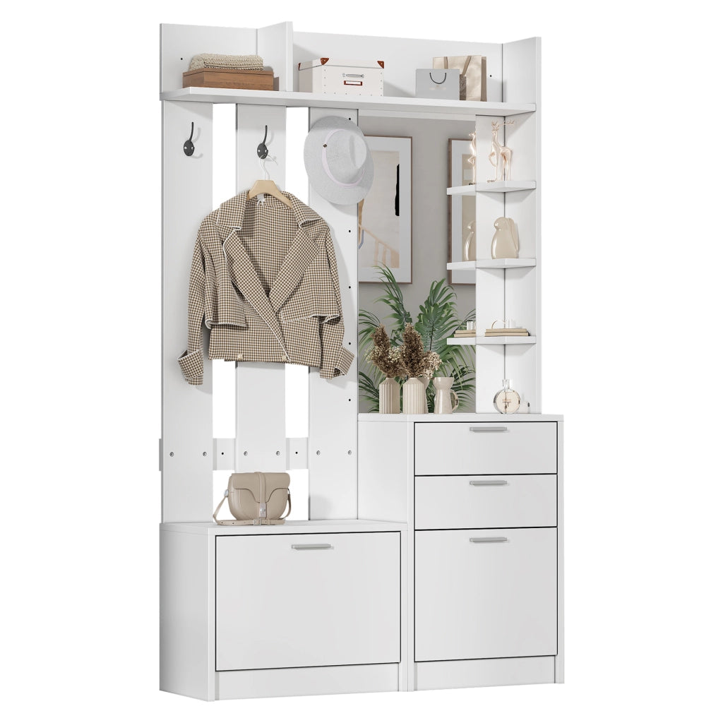 Garderobenschrank multifunzionale bianco 110¡Á34¡Á185 cm con specchio, 2 cassetti, 2 scarpieri ribaltabili e 3 ganci