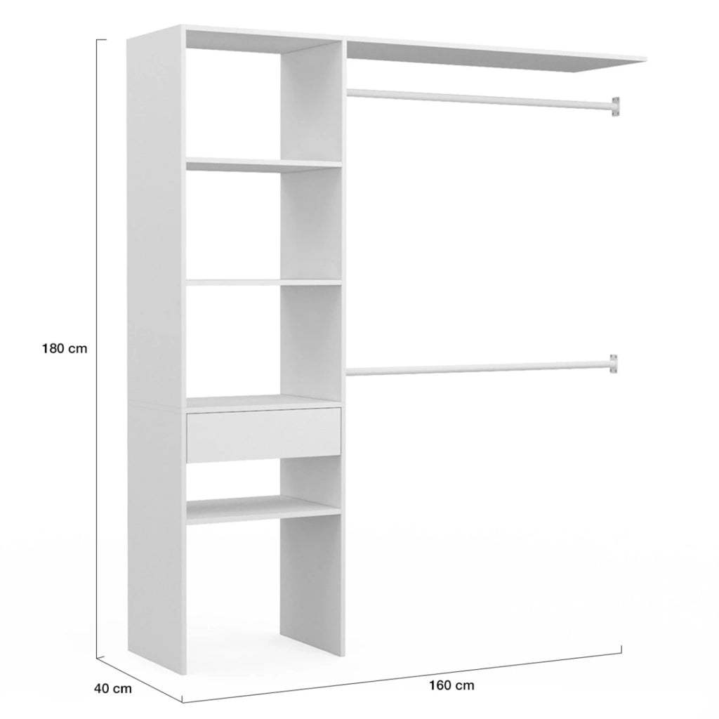 IDMarket - MELINE 160 x 40 x 180 cm set spogliatoio bianco con mensole + cassetto + armadio doppio