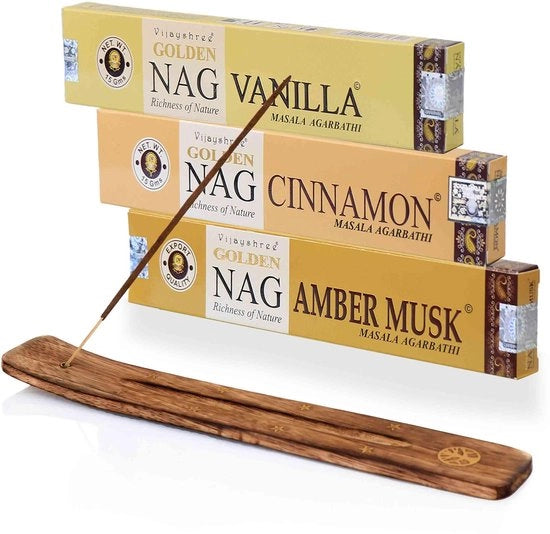 Set di Stuzzicadenti in Oro - Vaniglia/Cannella/Musk Amber - Contenitore in Legno - Incenso Masala - Decorativo - Artigianale