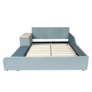 Letto singolo imbottito con scrivania laterale e sgabello, 140x200 cm, velluto blu