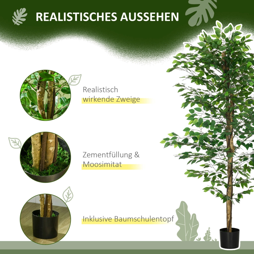 Albero di ficus artificiale, realistico, facile da curare, vaso incluso, alto 180 cm, verde.