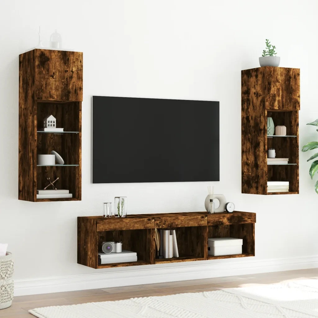 Mobili TV a Muro con LED 5pz | Armadietto TV | Mobile Porta TV Rovere Fumo in Legno Multistrato