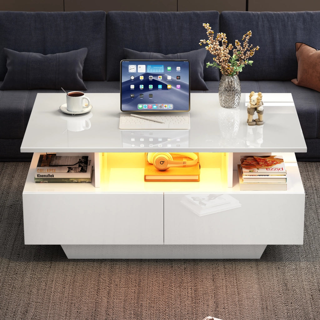 TAVOLINO DA CAFFÈ 90x55x41 cm Bianco lucido con LED e 2 cassetti