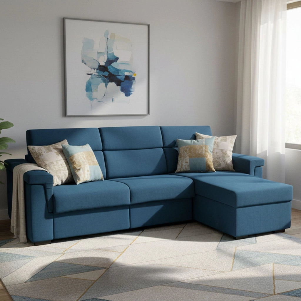 Esca, Divano Letto con Penisola Sfoderabile Made in Italy, 285x160 cm blu