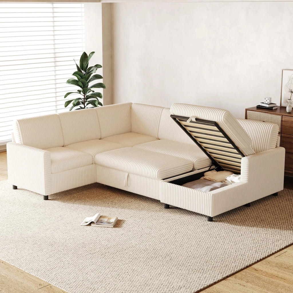 Divano panoramico a U convertibile con funzione letto e contenitore, in velluto a coste Beige