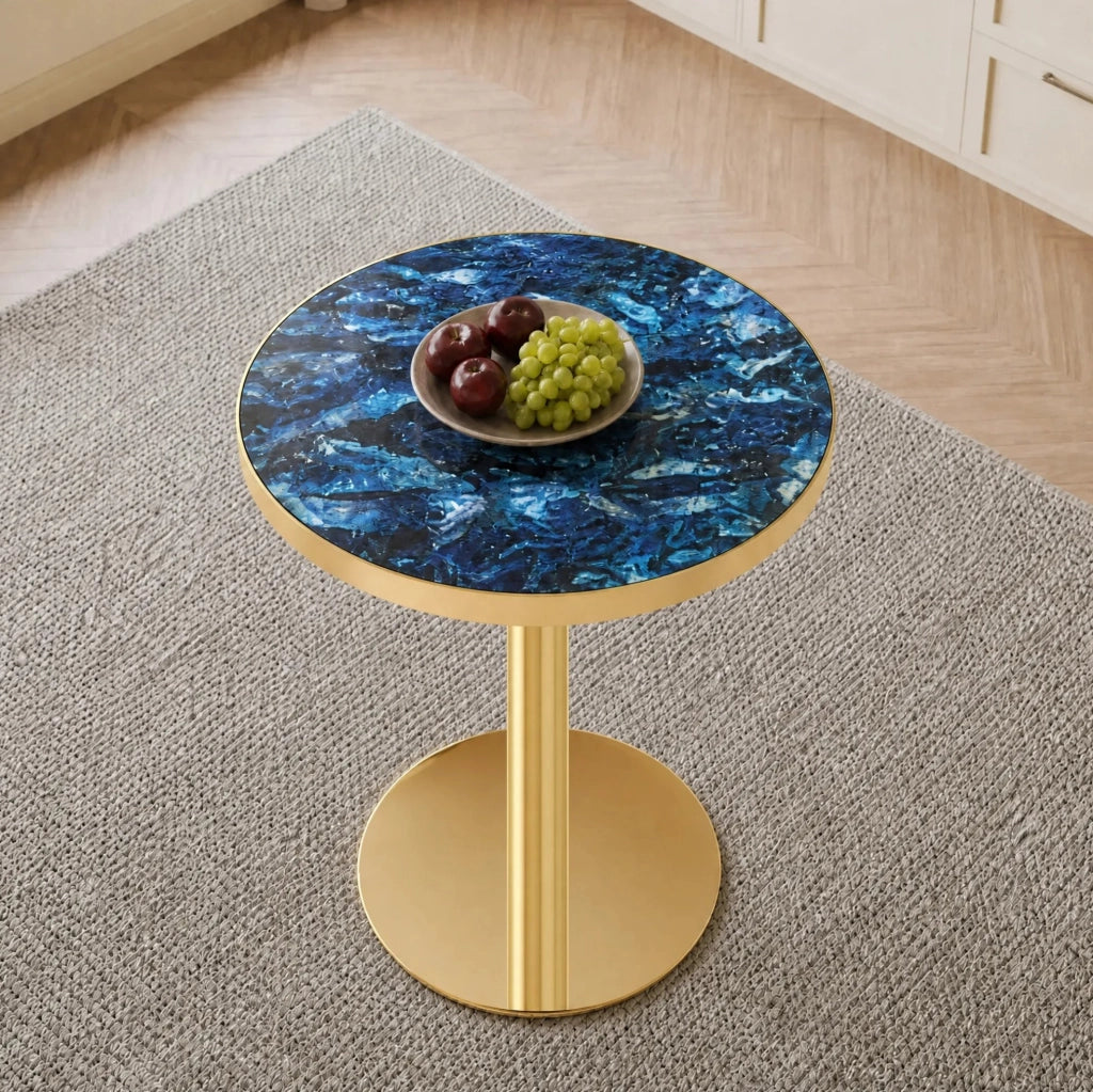 Tavolino rotondo blu effetto marmo, MDF e metallo