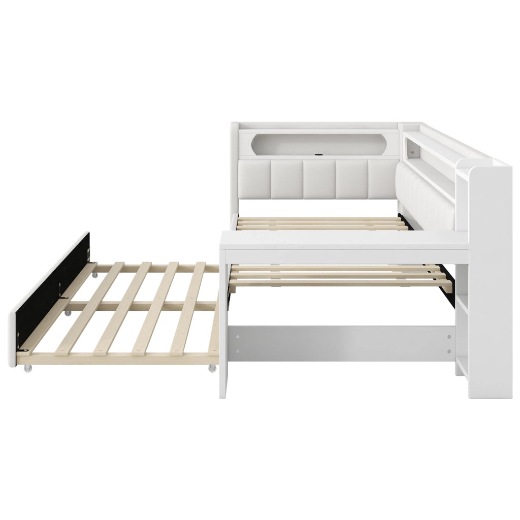 OKWISH Letto a Divano 90×200 cm, Letto Singolo con USB, LED Regolabile e Scrivania, letto estraibile 90×190 cm, senza Materasso, Bianco