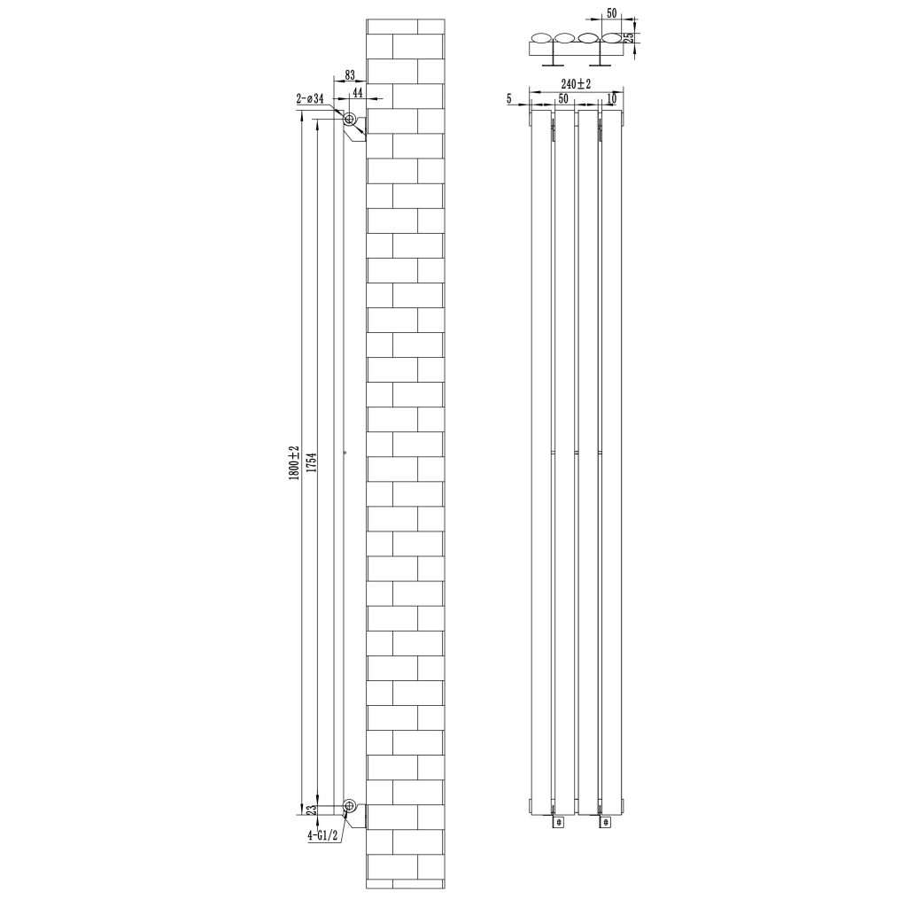 Radiatore Verticale Ovale 1800x240mm Grigio Antracite con Valvole TRV