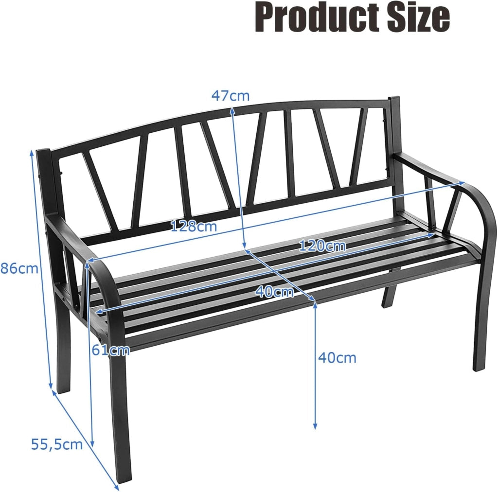 Panca da giardino, a 2 posti, con schienale e braccioli, in metallo, portata fino a 300 kg, per balcone, giardino, terrazza, colore nero (modello 1, 128 x 55,5 x 86 cm)
