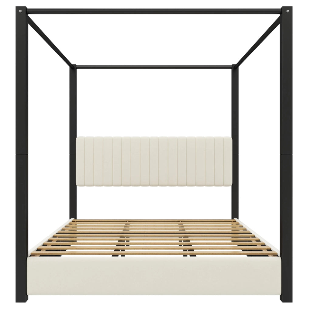 Letto a baldacchino imbottito 180x200 cm in velluto beige e nero con struttura in metallo