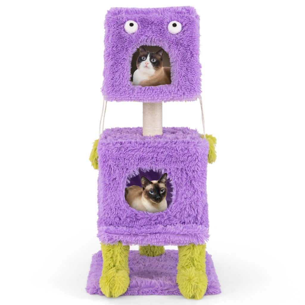 Albero per gatti con 2 nidi privati palo per graffio in sisal giocattoli pendenti, Torre di gatti a tema mostro carina Viola-Alberi Tiragraffi