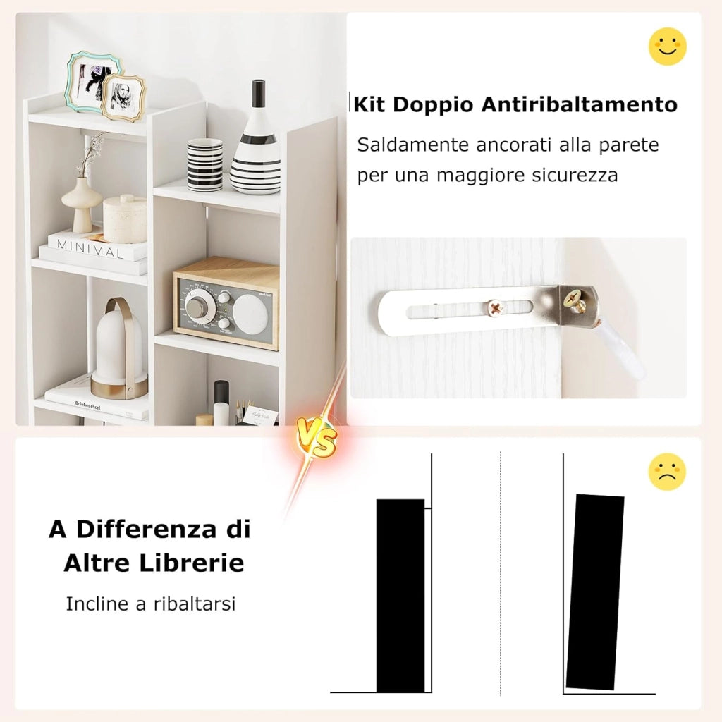 Scaffale in Legno per Libri, Libreria a 12 Ripiani con Kit Anti-Ribaltamento, Unità di Stoccaggio a Forma di Albero, Ideale per Casa Ufficio, 65 x 20 x 162 cm (Bianco)