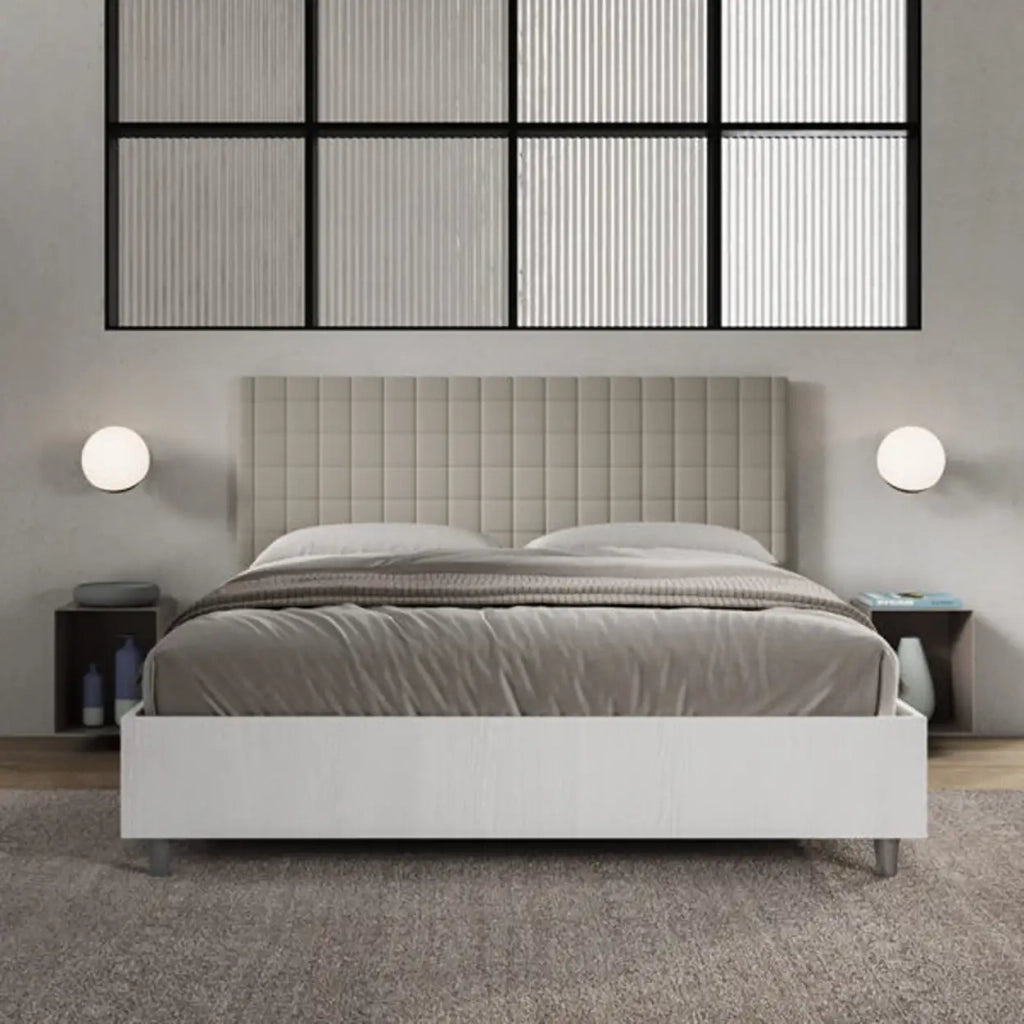 Letto matrimoniale con rete 160x200 bianco frassino testata similpelle tortora Burmy