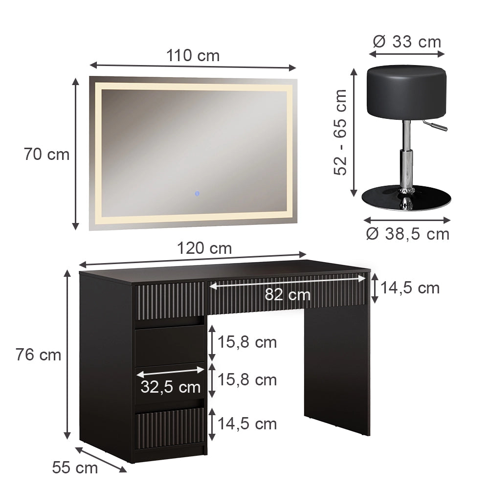Vicco Tavolo da toilette Nero 120 cm con specchio LED e sgabello
