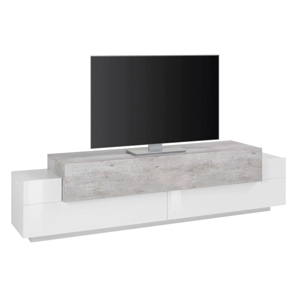 Mobile da soggiorno Porta Arold, Made in Italy, Supporto per Arold da salotto a 3 ante e ripiani, cm 200x45h52, Bianco lucido e Cemento