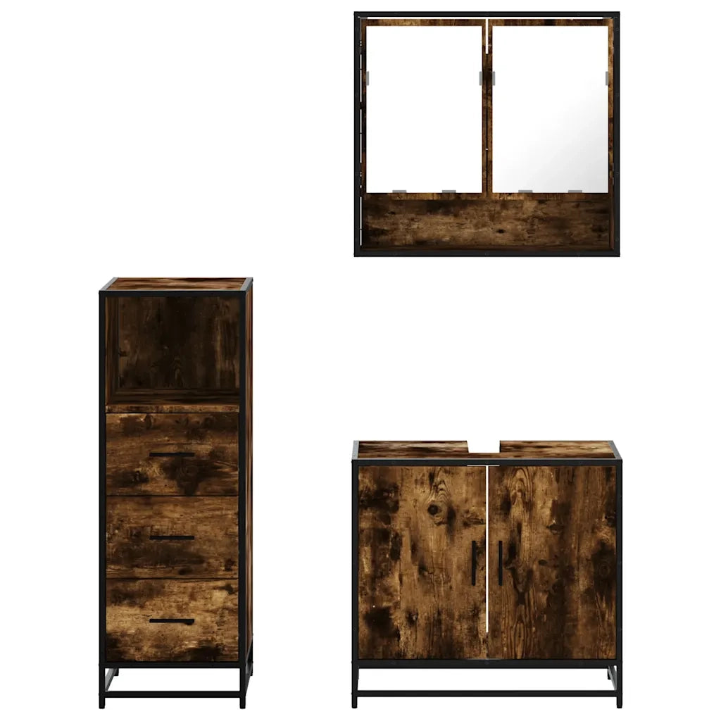 Set Mobili da Bagno | Armadio da bagno 3 pz Rovere Fumo in Legno Multistrato