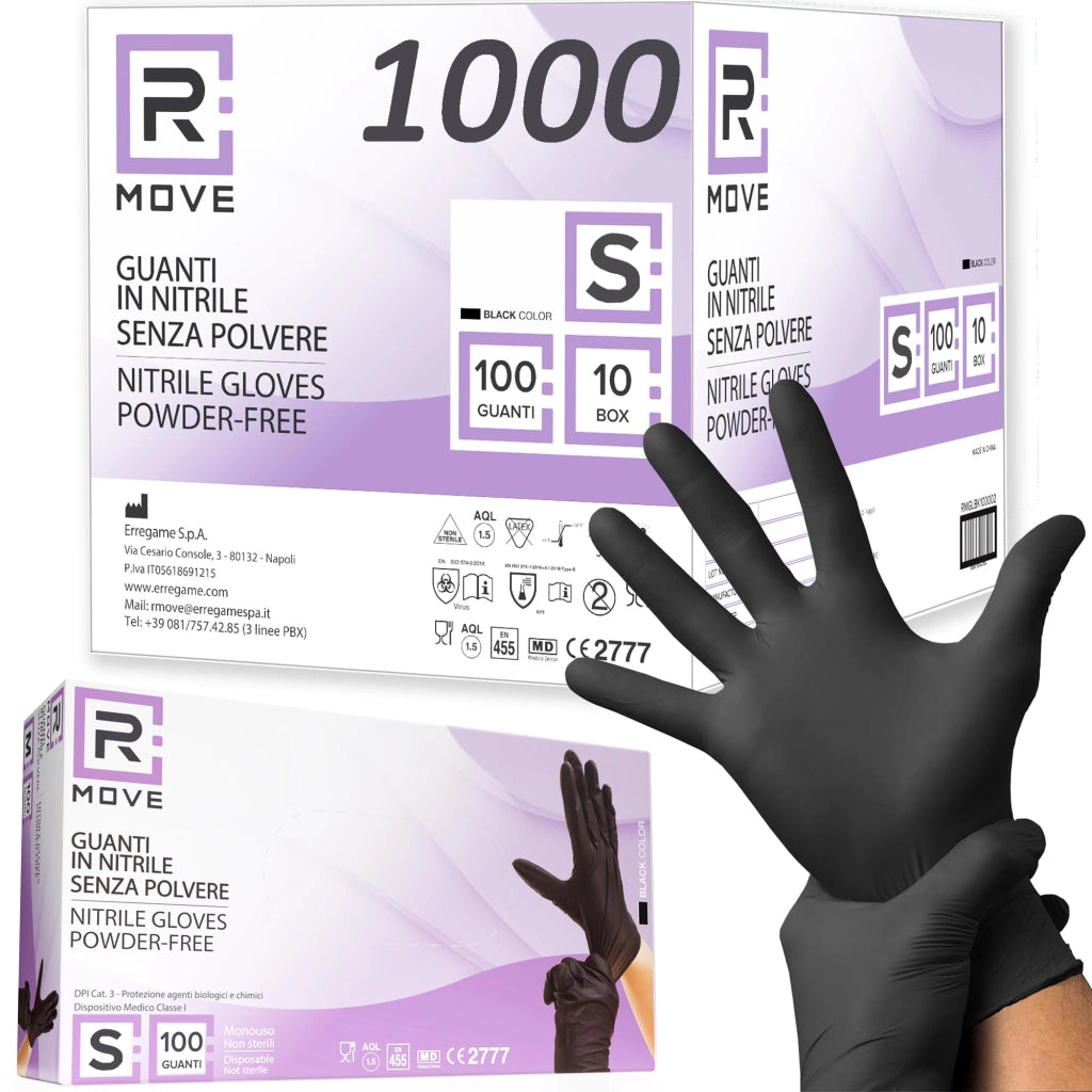 1000 guanti in Nitrile Neri S senza polvere, senza lattice, ipoallergenici, 10 box da 100 guanti monouso per Estetisti, Tatuatori, Ambiti Medici