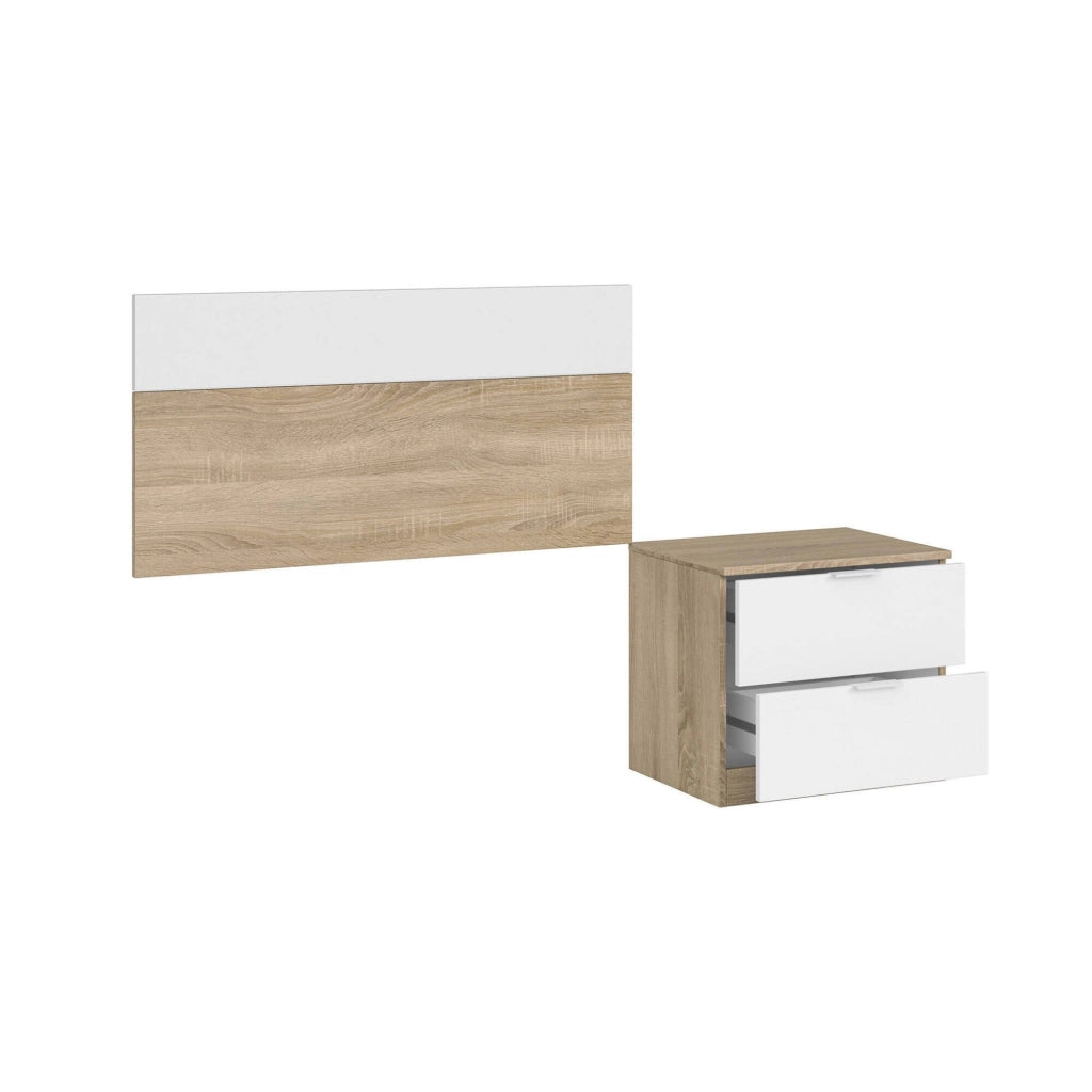 Comodino Aleangy, Comodino a due cassetti con testiera per letto singolo da 90 cm, cm 150 x 50 x 38, cm 50x38h75, Rovere e Bianco