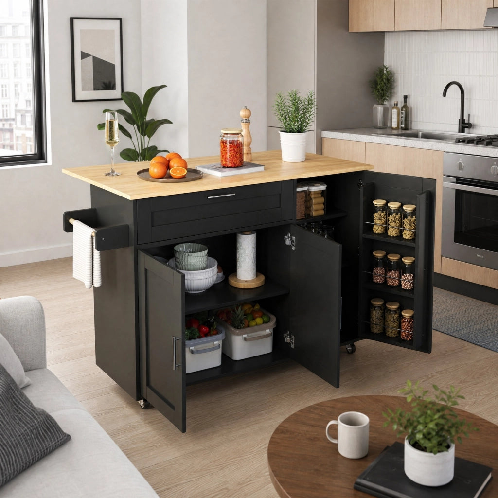 CARRELLO DA CUCINA PIEGHEVOLE 132,5x44(70)x90 cm MDF Nero/Naturale