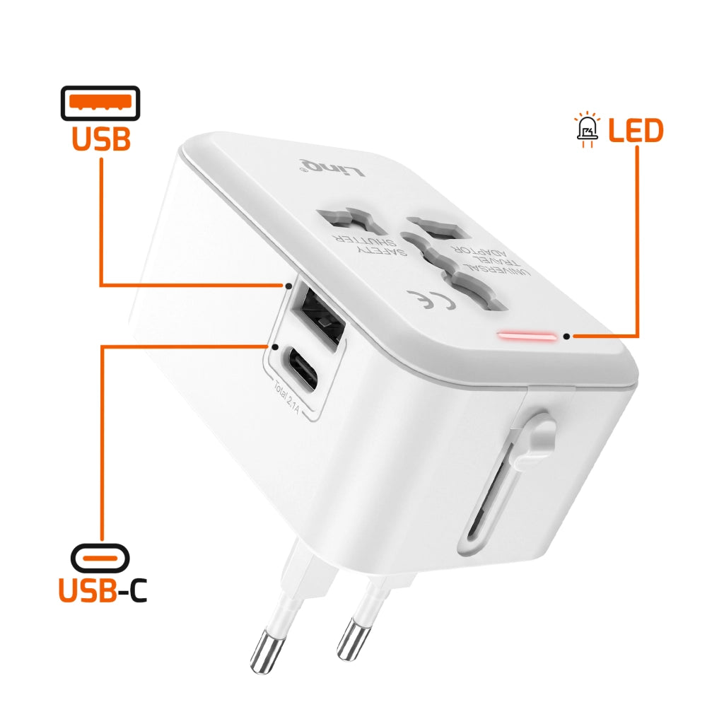 Adattatore Multipresa Internazionale Universale 2000W con 1 USB e USB-C Bianco LinQ