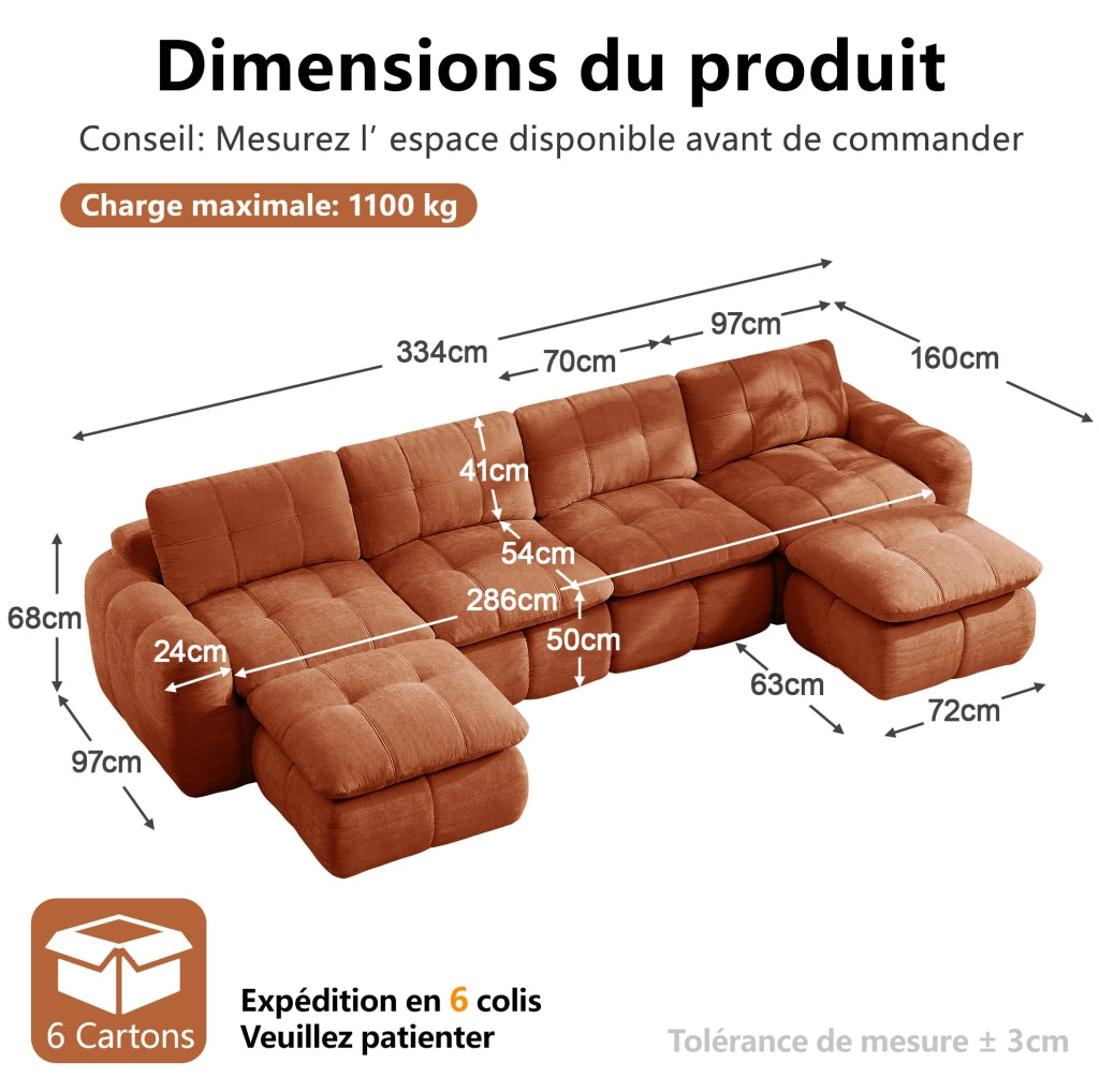 Divano modulare a 3 posti arancione senza struttura con rivestimento in chenille e design a quadretti