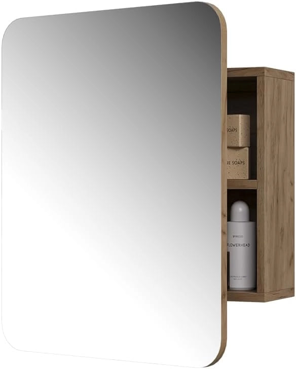 Specchio contenitore bagno Zino, Quercia dorata, 60 x 50 cm con ripiani