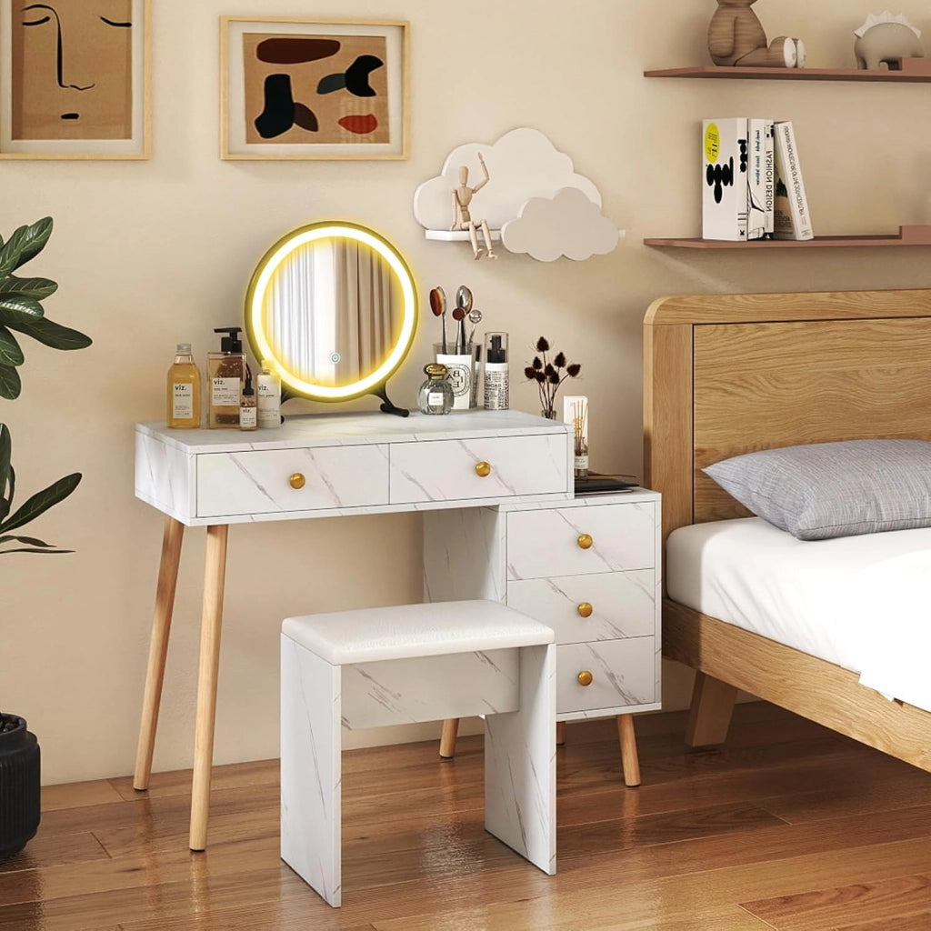 Tavolo da trucco moderno con sgabello imbottito, 3 colori di illuminazione, luminosità regolabile, 5 cassetti, gambe in legno massello, finitura effetto marmo