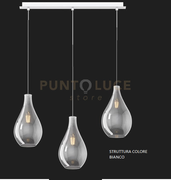 SOSPENSIONE BIANCO 3 LUCI RETTANGOLARE VETRI (1 MEDIO+2 PICCOLI) TUTTI FUME' 1193BI-S3 RPM-FU