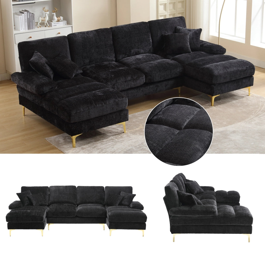 OKWISH Divano Panoramico a U, con 2 Chaise Longue, 4 Cuscini Schienale e 2 Cuscini, Ciniglia, Nero