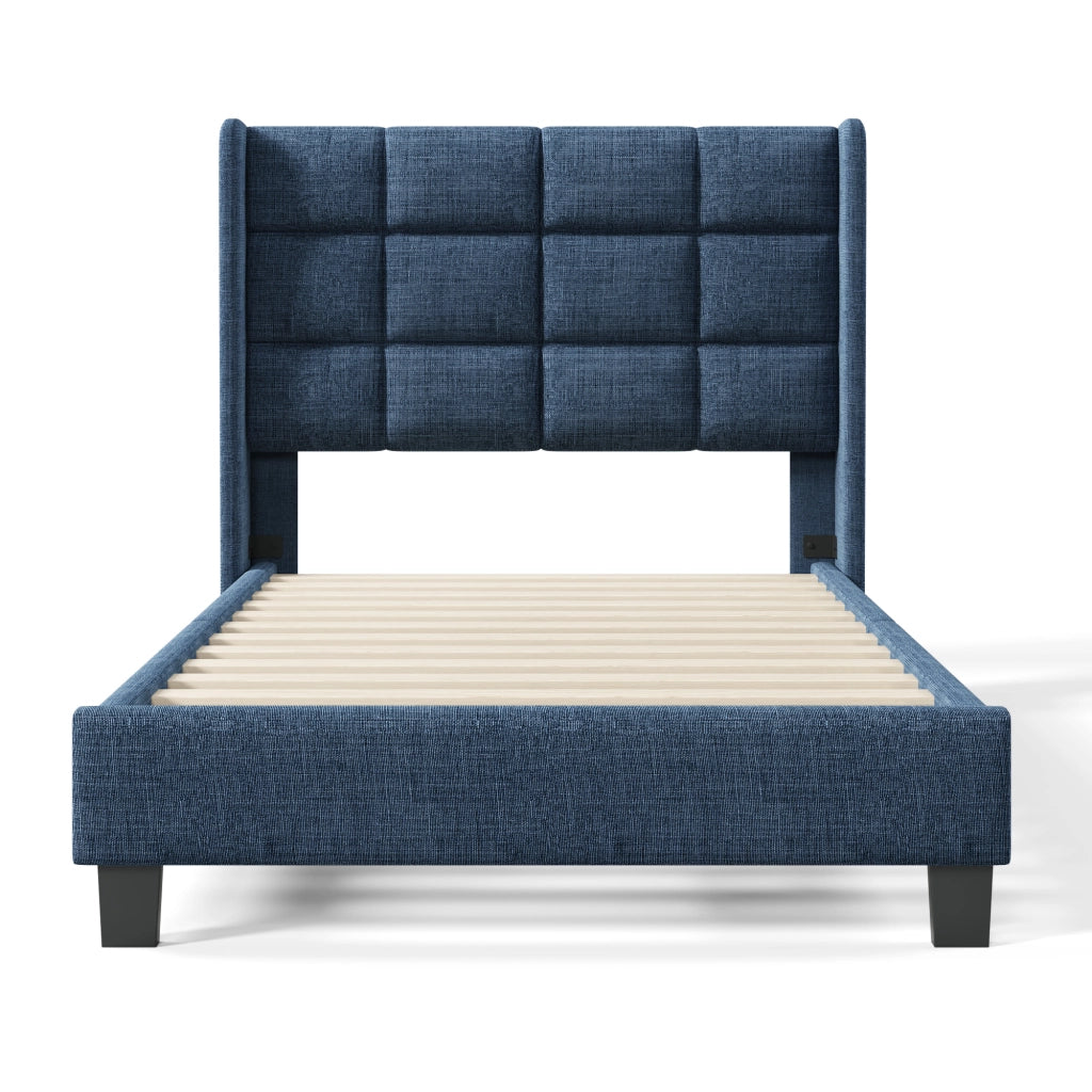 Letto singolo design – 90x200 cm – testiera imbottita rete – lino blu