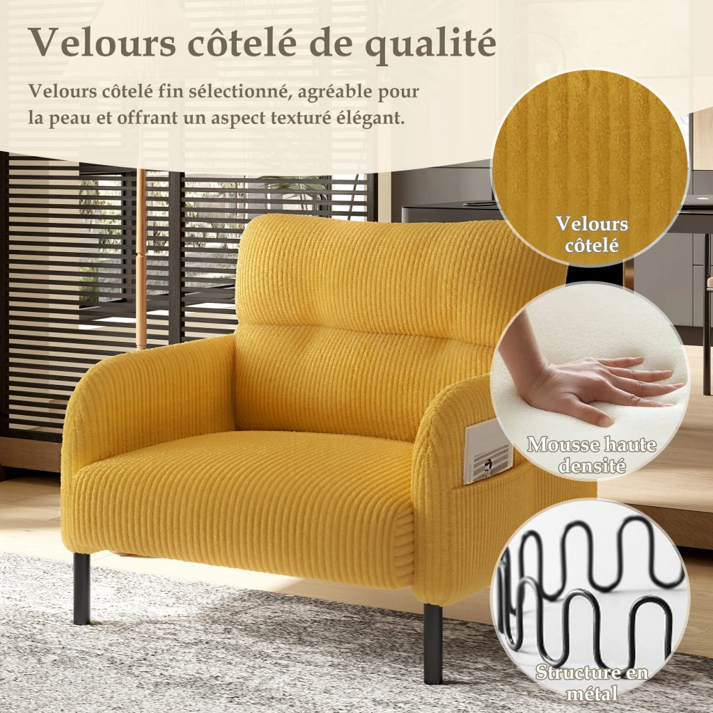 Poltrona con Tasca Laterale e Seduta Profonda; Schienale Ergonomico; in Velluto a Coste Giallo 67 × 75 × 79 cm