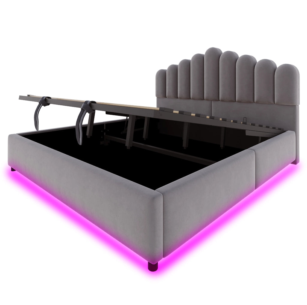 Letto imbottito 180x200 cm con contenitore idraulico e LED in velluto grigio