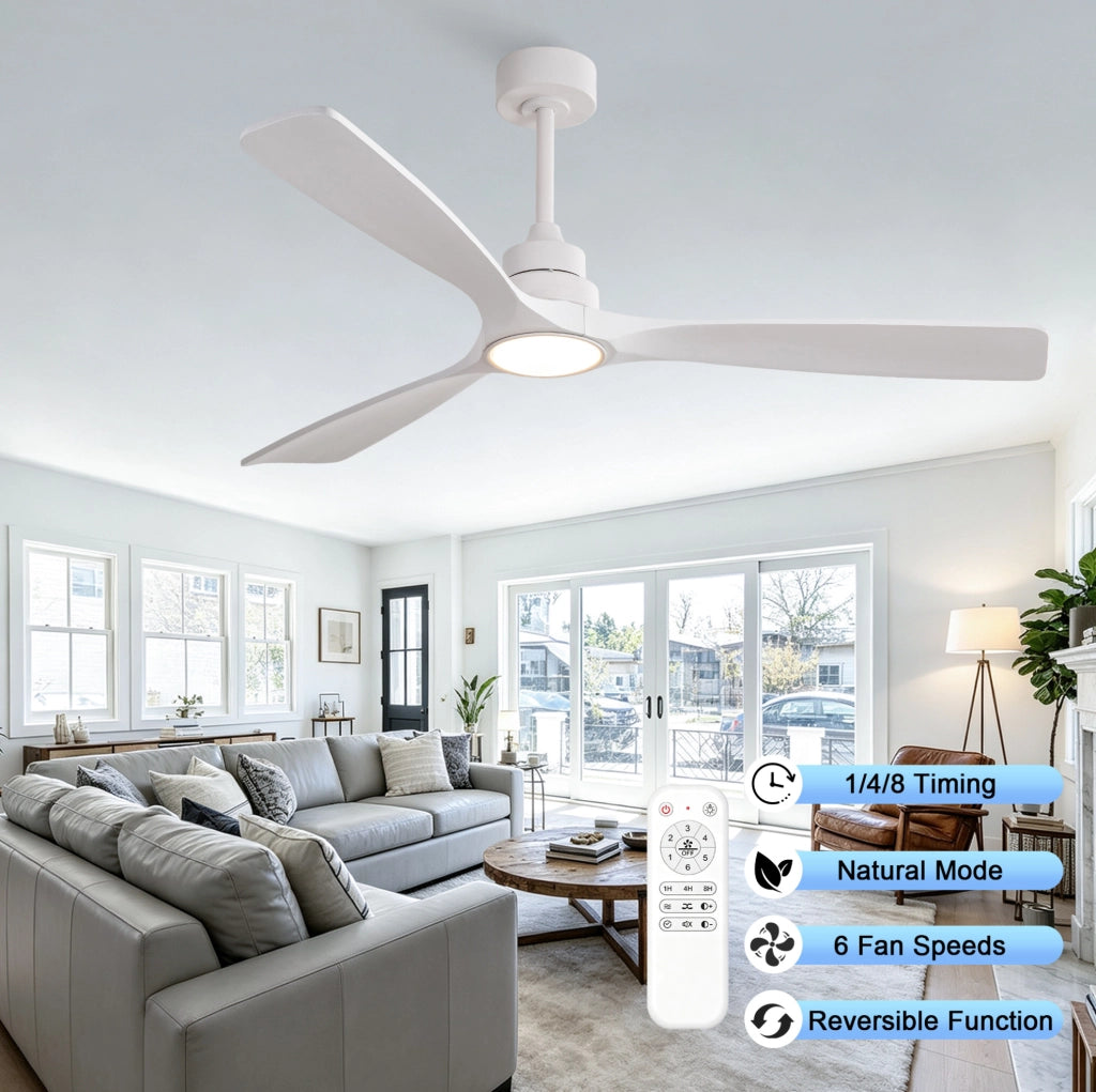 Ventilatore da soffitto da 60 pollici con luce LED; 3 pale in legno; bianco
