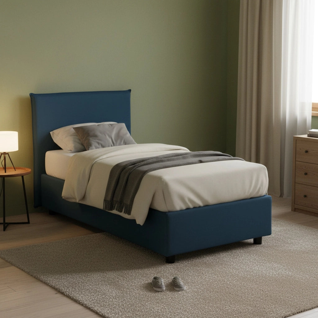 Letto singolo Aquilla, Letto contenitore con rivestimento in tessuto, Made in Italy, Apertura frontale, con materasso cm 80x190 incluso, Blu
