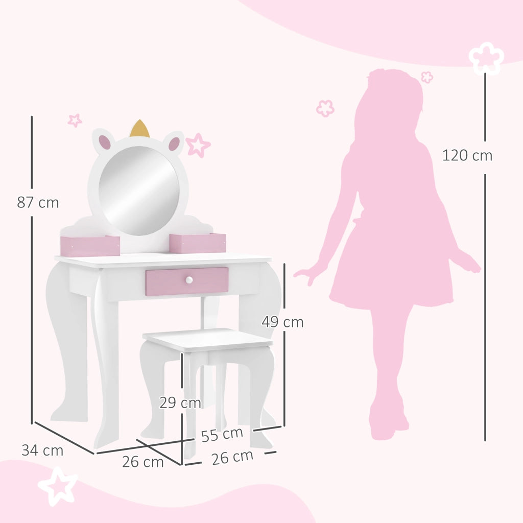 Tocador per bambini con specchio e sgabello ¨C zephmum ¨C design unicorno bianco
