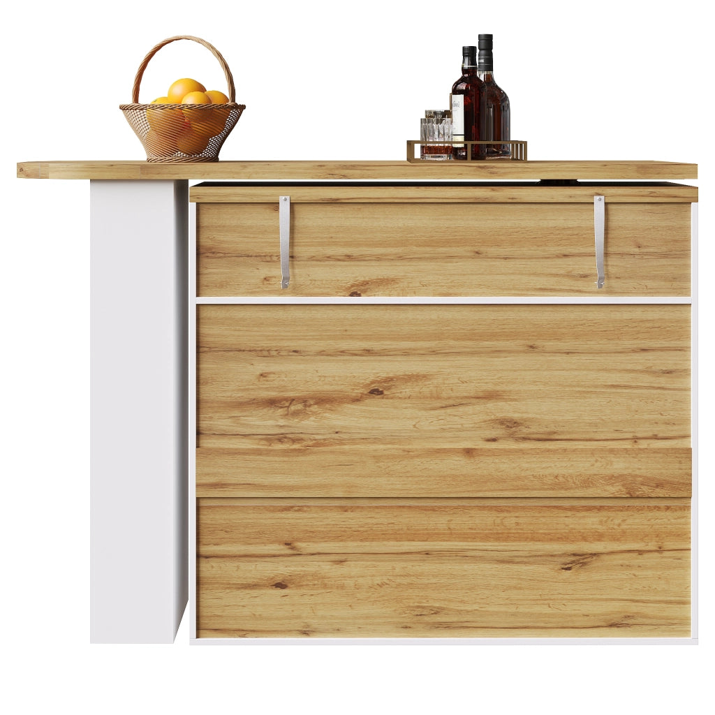 OKWISH Tavolo Bar con 1 Cassetto, Ripiani Regolabili e Rotazione a 360°, per Cucina e Sala da Pranzo, MDF, Bianco, 138-204×39×104 cm