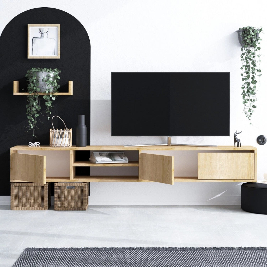 Mobile TV sospeso "Heka" con ripiano in legno - 180 x 30 x 25 cm - Beige