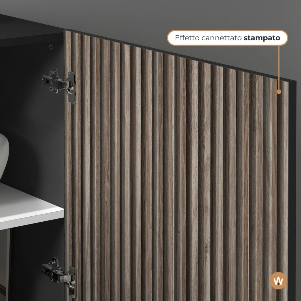 WHOUS Credenza Coste a 4 ante effetto cannetè antracite opaco e legno scuro 200x43x86 cm