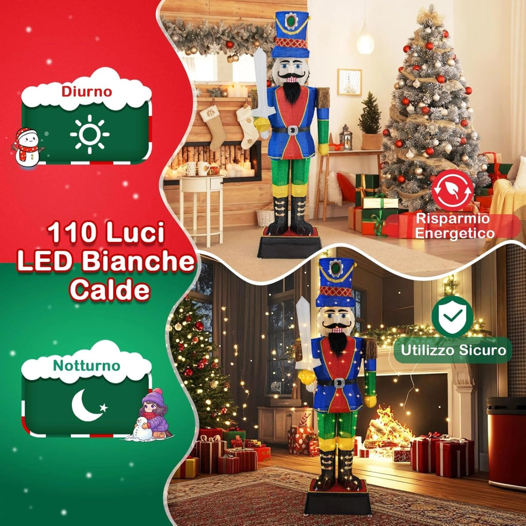Soldato di Natale Illuminato 184 cm, Soldatino Schiaccianoci Illuminato con 110 Luci LED, Fascette e Base, Decorazioni Natalizie per Interno ed Esterno (2 Pezzi)
