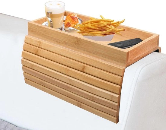 Tavolo da divano in bambù per bracciolo flessibile, tablet antislip, bracciolo da divano pieghevole con cassetto per telecomando, snack, telefono cellulare, bevande, tazza