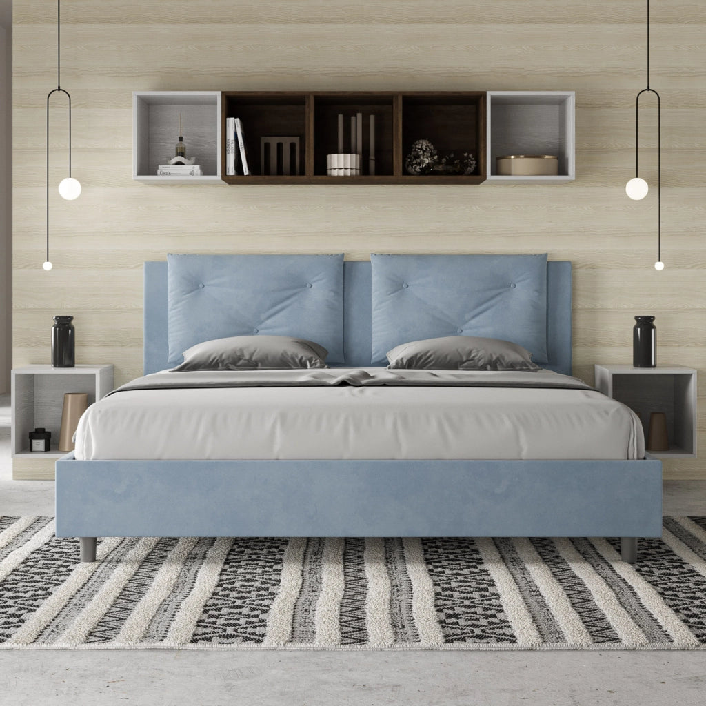 BS COM Letto con rete imbottito 180x210 microfibra azzurro