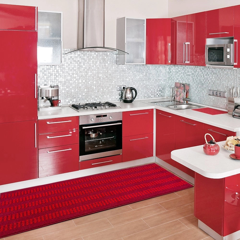 Tappeto Cucina Morbido 3D Assorbente Lavabile Antiscivolo Passatoia Bordata A Righe 57x135 Bordeaux