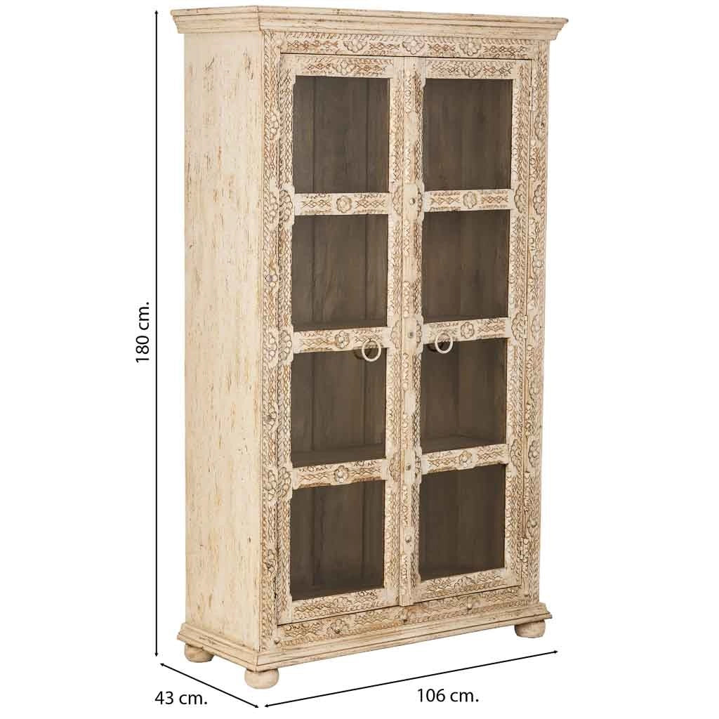 Vetrina in legno intagliato beige fatta a mano, 106x43x180h cm