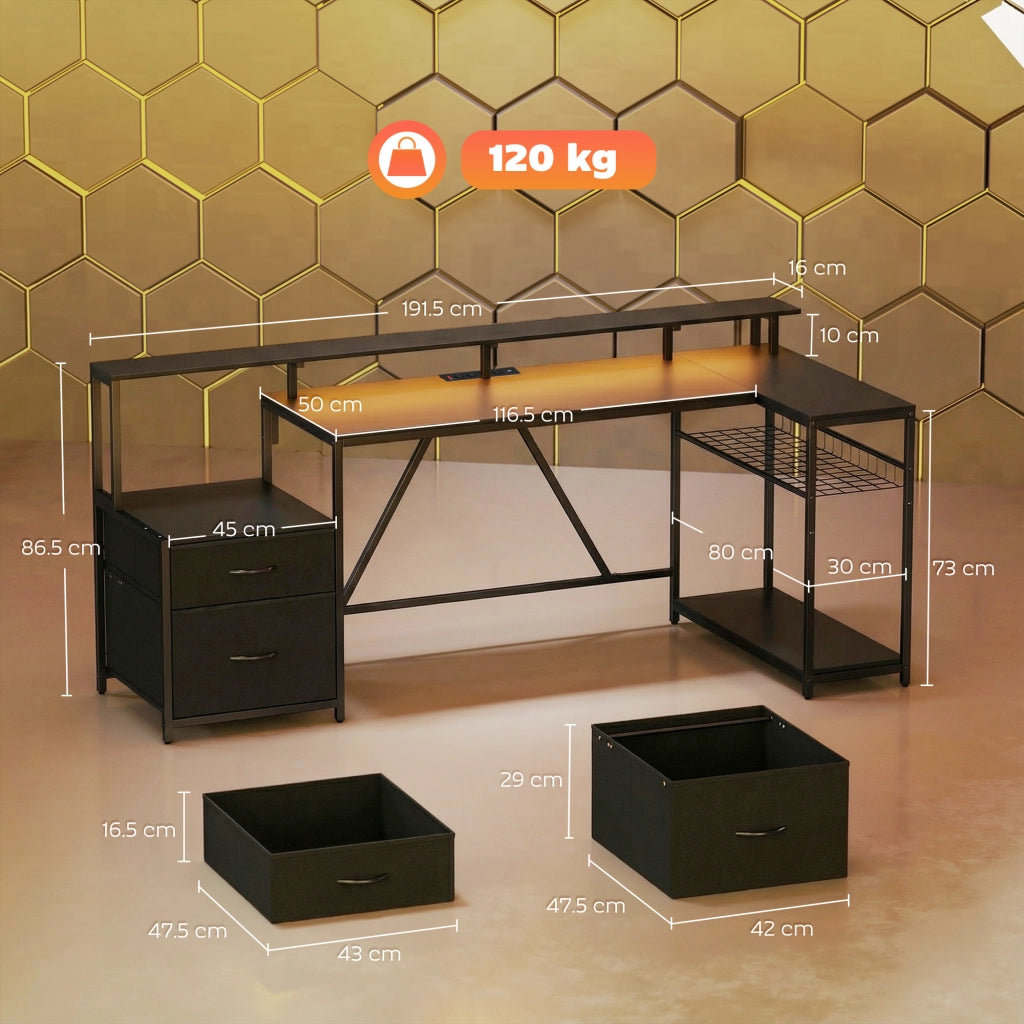Scrivania Gaming Angolare con Hub Ricarica e LED ¨C Zephmum ¨C Legno e Acciaio Nero 192.5x80x86.5 cm