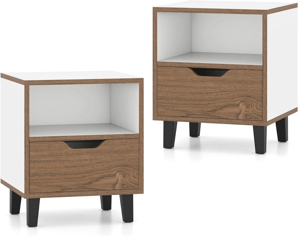 Set di 2 comodini in legno, comodino con cassetto e ripiano aperto, gambe in metallo, 37 x 33 x 44 cm, tavolino ausiliario per soggiorno, camera da letto